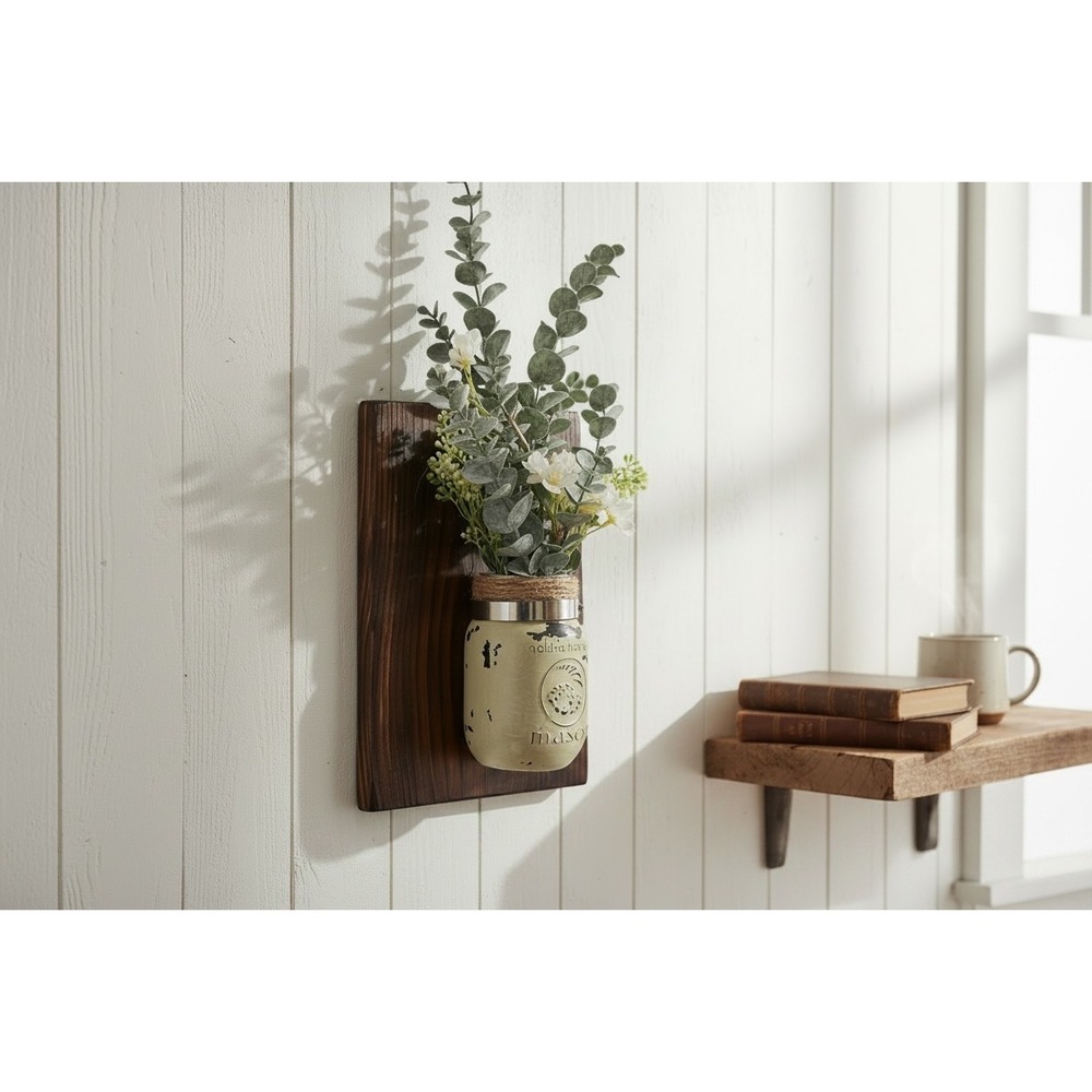 Handmade Rustic Mason Jar Wall Sconce Distressed Beige Wood Plaque Decor 11x9